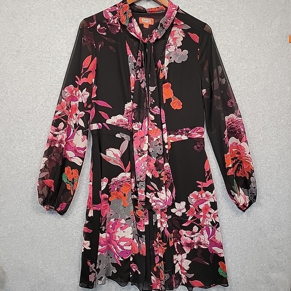 Kirna Zabete x Target Black Pink Pleated Floral Chiffon Dress Tie Neck Sz L